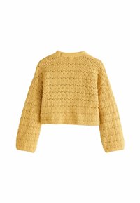Sárga cropped pulóver texturált, nyitott mintával. Hosszú ujjak és kerek nyakcukor jellemzi, puha kötött anyagból készült.