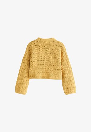 Gelbes, kurzes Sweatshirt mit einem strukturierten, offenen Muster. Verfügt über lange Ärmel und einen runden Halsausschnitt, gefertigt aus weichem Strickmaterial.