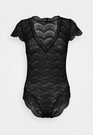 Body en dentelle noire avec des manches courtes flottantes, décolleté en V et bordure festonnée. Présente un motif en vagues sur l'ensemble. Texture douce et légère.