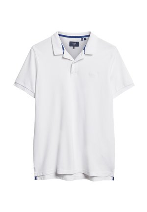 White polo shirt made of cotton with a collared neck, short sleeves, and a blue trim at the collar and hem. Features a small logo.