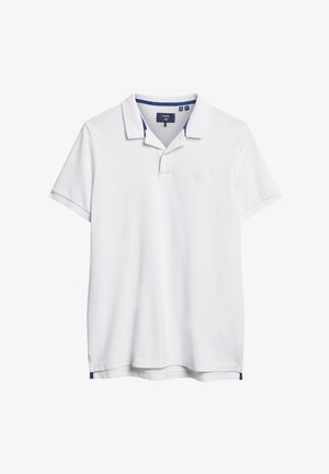 White polo shirt made of cotton with a collared neck, short sleeves, and a blue trim at the collar and hem. Features a small logo.