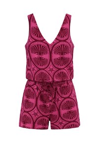 V nyakú rózsaszín overall, kagyló- és csillaghalminta, rugalmas derék húzózsinórral, valamint rövid, laza lábak.