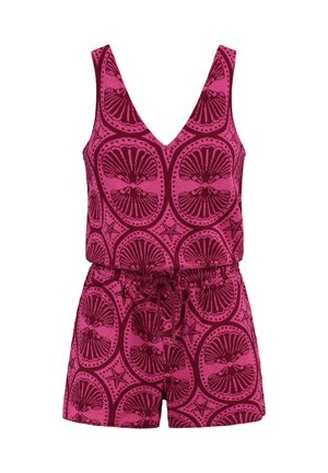 V-neck pink romper featuring a shell and starfish pattern, an elastic waist with a drawstring, and short, loose-fitting legs.