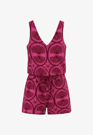 Ružičasta romperska obleka s V-izrezom, ki ima vzorec školjk in morskih zvezd, elastičen pas z vrvico ter kratke, ohlapne hlačnice.