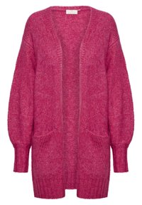 Cardigan rosa lavorato a maglia con maniche lunghe a palloncino, apertura frontale e due tasche anteriori. Realizzato in un filato morbido e texturizzato con una vestibilità rilassata.