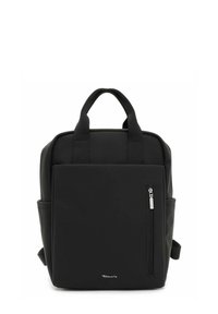 Sac à dos noir au design rectangulaire élégant, fabriqué dans un matériau lisse. Comprend une poche zippée à l'avant et deux poches latérales.