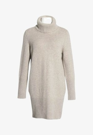 Vestido suéter beige de punto con cuello alto de manga larga, puños y dobladillo acanalados, mostrado en un torso de maniquí blanco.