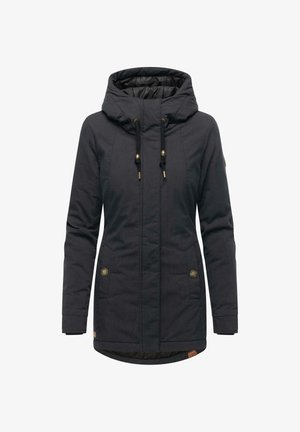 Czarna kurtka parka z kapturem, z regulowanymi trokami, złotymi elementami, dwiema bocznymi kieszeniami i lekko wydłużonym tyłem. Teksturowana podszewka.