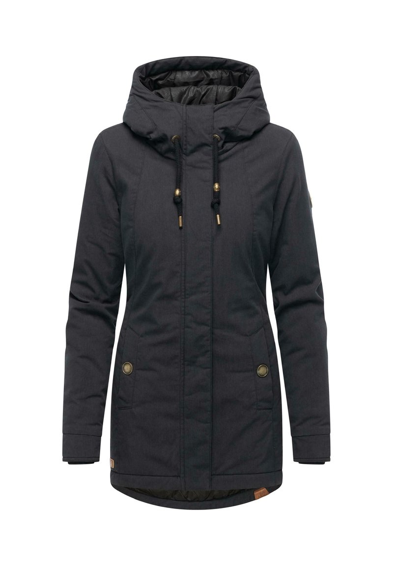 Black parka jacket with a hood, featuring drawstrings, gold hardware, two side pockets, and a slightly elongated back hem. Textured interior lining.