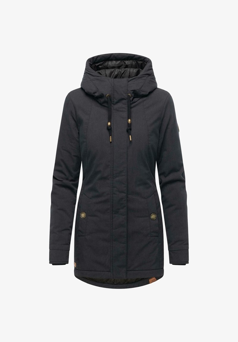 Black parka jacket with a hood, featuring drawstrings, gold hardware, two side pockets, and a slightly elongated back hem. Textured interior lining.
