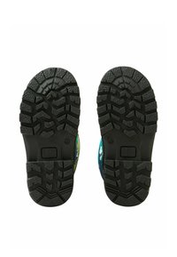 Czarna gumowa podeszwa z głębokim bieżnikiem dla lepszej przyczepności. Wielokolorowa cholewka z kwiatowymi wzorami. Projekt podkreśla chwytność i trwałość.
