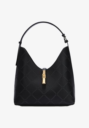 Sac à bandoulière en cuir noir avec couture en forme de losanges et fermoir doré à l'avant, doté d'une bandoulière réglable.