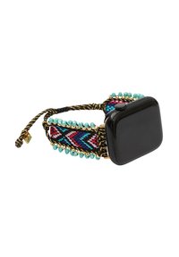 Smartwatch con quadrante nero e un bracciale intrecciato colorato, caratterizzato da motivi geometrici, decorato con perline turchesi e dettagli dorati.