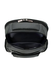 Sacoche d'ordinateur portable grise avec un extérieur texturé, des zips doubles et un intérieur spacieux. Poche avant avec zip pour un rangement supplémentaire.