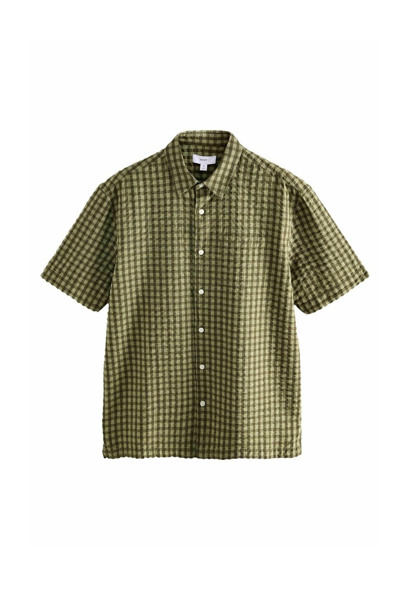 Short-sleeve shirt in olive green with a checkered pattern, featuring a button-up front and a single chest pocket. Lightweight fabric.