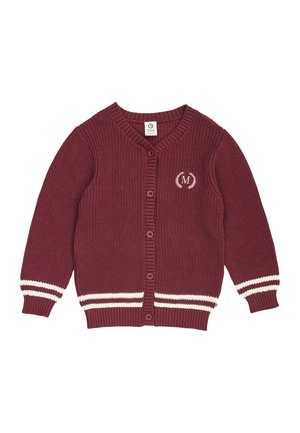 Bordowy dzianinowy kardigan na guziki z białymi paskami na mankietach i krawędzi oraz białym wieńcem z literą "M" na lewej piersi.
