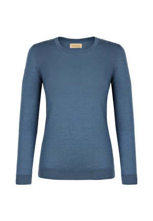 Blå långärmad tröja i mjukt material med rund halsringning, ribbade muddar och fåll, med en slät yta utan mönster.