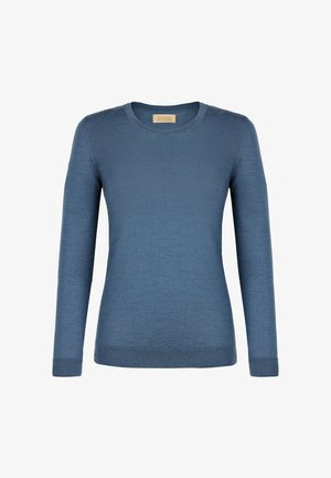 Blå langærmet sweater lavet af blødt materiale med rund halsudskæring, ribbet manchetter og kant samt en glat tekstur uden mønstre.