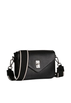 Zwarte leren crossbodytas met structuur, zilveren gesp en brede zwart-wit patroon verstelbare schouderriem.