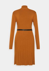 Robe à manches longues en tissu côtelé couleur orange brûlé, avec un col montant et une ceinture noire mise en valeur à la taille. Tissu tricoté texturé.