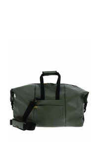 Bolsa de viaje impermeable verde con dos asas superiores, correa para el hombro ajustable, bolsillo con cremallera frontal y un diseño elegante y sin costuras.