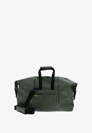 Sac de sport étanche de couleur verte avec deux poignées supérieures, une bandoulière ajustable, une poche zippée à l'avant et un design élégant et sans couture.