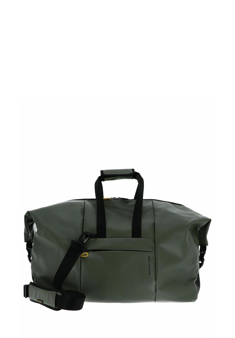 Bolsa de viaje impermeable verde con dos asas superiores, correa para el hombro ajustable, bolsillo con cremallera frontal y un diseño elegante y sin costuras.