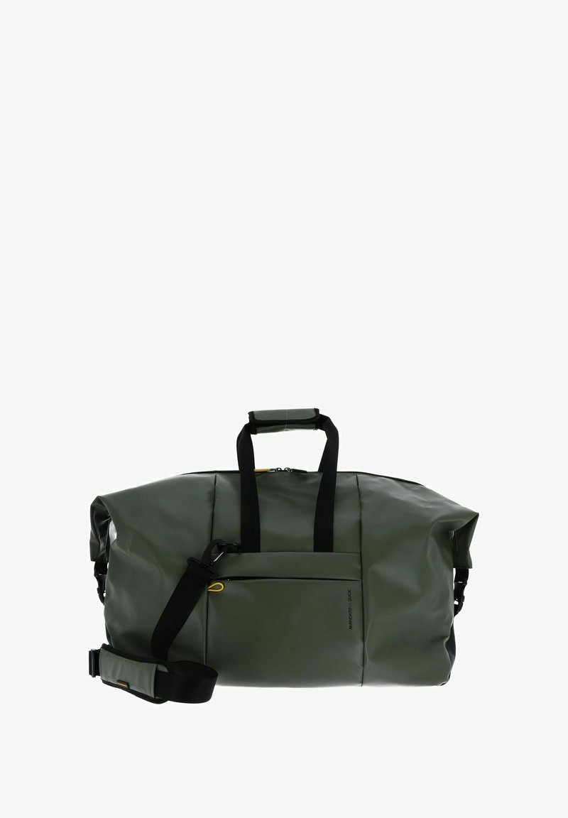 Bolsa de viaje impermeable verde con dos asas superiores, correa para el hombro ajustable, bolsillo con cremallera frontal y un diseño elegante y sin costuras.