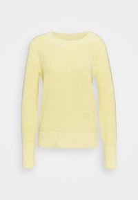Ljust gult stickat tröja med långa ärmar, ribbade muddar och nederkant, med ett strukturerat mönster och rund halsringning.