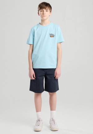 Lichtblauwe katoenen t-shirt met een kleurrafe grafiek op de borst, gecombineerd met donkerblauwe shorts. Model draagt witte sneakers en sokken.