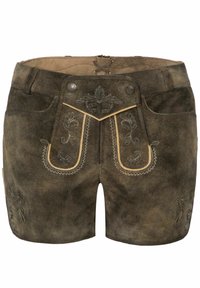 Bruine suède lederhosen shorts met ingewikkelde zwarte borduursels, twee voorkeurszakken en decoratieve knopen aan de zijkanten.