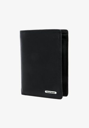 Portefeuille en cuir noir au design épuré, avec un accent en logo argenté et une texture lisse. Plié, montrant une structure bi-fold.