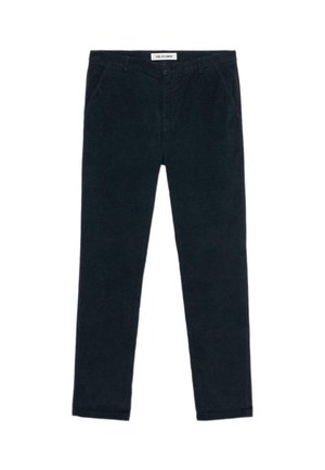 Pantaloni in corduroy blu navy con vestibilità dritta, tasche anteriori e chiusura con bottone. Texture morbida con motivo a coste visibile e orlo cucito.