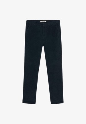 Pantaloni in corduroy blu navy con vestibilità dritta, tasche anteriori e chiusura con bottone. Texture morbida con motivo a coste visibile e orlo cucito.