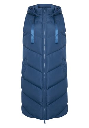 Gilet imbottito blu navy con cappuccio, caratterizzato da un motivo a zigzag, zip frontale e coulisse regolabili sul cappuccio.