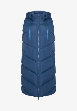 Marineblaues Puffer-Weste mit Kapuze, ausgestattet mit einem Zickzack-gesteppten Muster, einem Frontreißverschluss und verstellbaren Kordeln an der Kapuze.