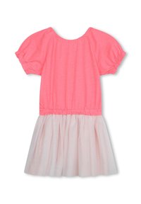 Różowa bawełniana sukienka z krótkimi bufkami i białą tiulową spódnicą. Posiada marszczoną talię i okrągły dekolt.