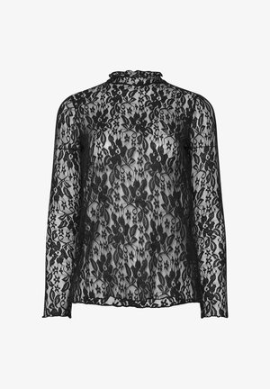 Haut en dentelle noire à manches longues avec un col haut, un motif floral et une texture transparente, avec des bords en feston aux manches et à l'ourlet.
