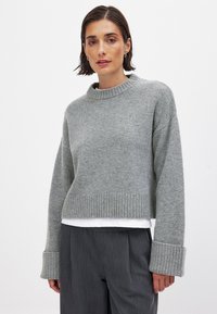 Pelēks īss džemperis maiga adījumā ar ribotu apakšmalu un platām piedurknēm, apvienots ar baltu kreklu zem tā un pelēkajām biksēm.