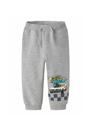 Pantalon de survêtement gris pour enfant avec taille élastique et cordon, avec un motif de voiture de course Hot Wheels et un design de drapeau à damier sur une jambe.
