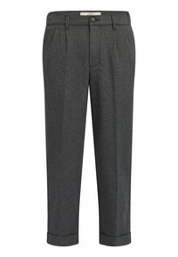 Pantalons gris sur mesure en tissu texturé, avec une fermeture à bouton, des plis et des poignets retroussés. Convient pour des tenues formelles ou professionnelles.
