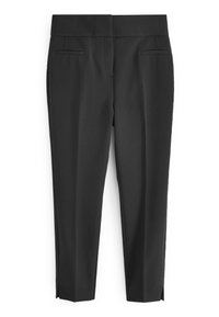 Schwarze maßgeschneiderte Hose mit geradem Bein, ausgestattet mit zwei vorderen Taschen und Schlitz an den Knöcheln. Glatte Textur, keine sichtbaren Muster.