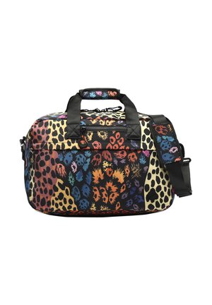 Dufflebag i flerfarvet dyreprint med sorte accenter, med to håndtag, en aftagelig rem og en frontlomme med lynlås.
