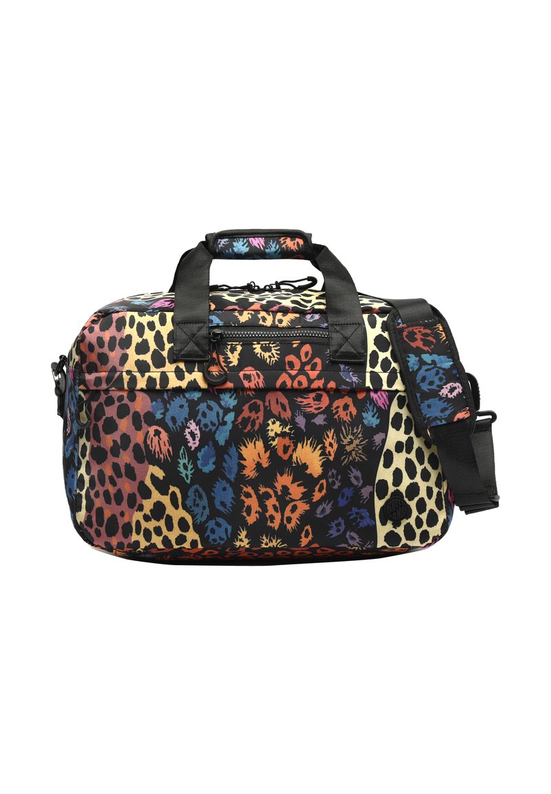 Nahrbtnik v večbarvnem živalskem vzorcu s črnimi poudarki, ki ima dvojne ročaje, snemljiv pas ter sprednji žep z zadrgo.