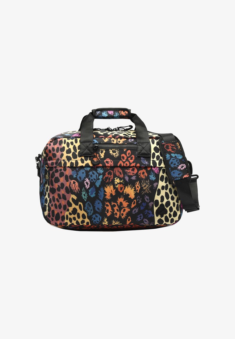 Nahrbtnik v večbarvnem živalskem vzorcu s črnimi poudarki, ki ima dvojne ročaje, snemljiv pas ter sprednji žep z zadrgo.