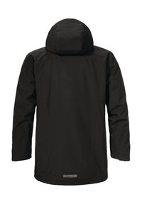 Schwarze wasserdichte Jacke mit Kapuze, die eine glatte Textur, lange Ärmel und ein schlichtes Design aufweist. Enthält ein Etikett nahe dem Saum.