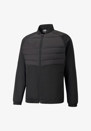 Jachetă ușoară neagră cu fermoar frontal, având un design cu panou captusit în partea superioară a corpului și mansete elastice. Logo PUMA pe pieptul stâng.