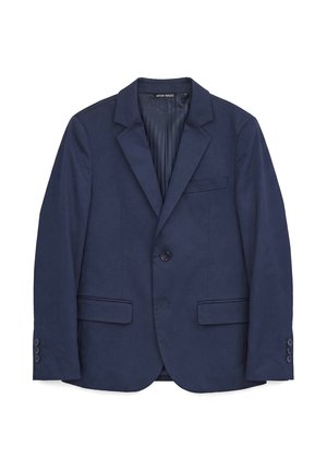 Marineblauwe herenblazer met enkele knoopsluiting, notch-revers, één voorste knoop en klepzakken op een witte achtergrond.