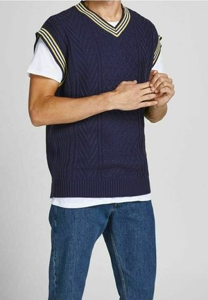 Homme portant un pull sans manches bleu marine en maille torsadée avec un col en V rayé, par-dessus un t-shirt blanc et un jean bleu, mains jointes devant.