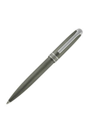 Dark gray metallic ballpoint pen with silver clip and cap band, angled on a white background.